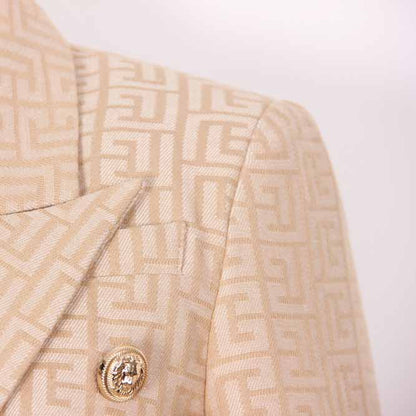 Women's Camel Pantsuit Gold Button Tie Belt Double Breasted Two Pieces Jacquard Suit