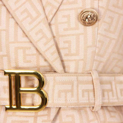 Women's Camel Pantsuit Gold Button Tie Belt Double Breasted Two Pieces Jacquard Suit