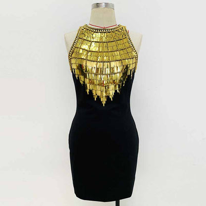 Women Gold Sequin Top Mini Black Dress Embellished Sleeveless Minidress