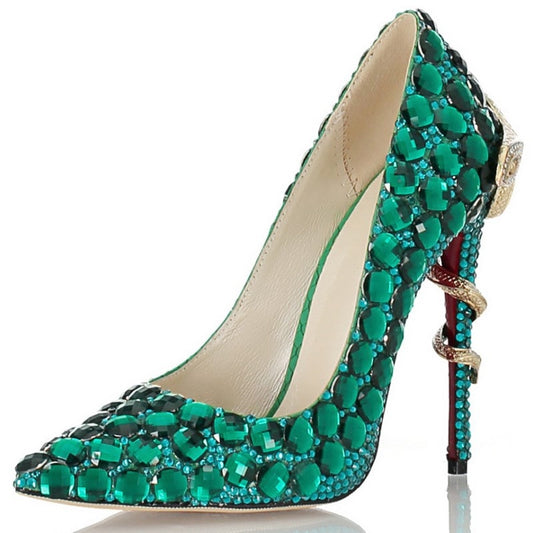 Stunning green diamond wedding heels adorned with sparkling gems and a stylish heel design