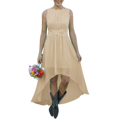 sd-hk high low lace chiffon bridesmaid dress in beige with sleeveless design and floral lace waist detail