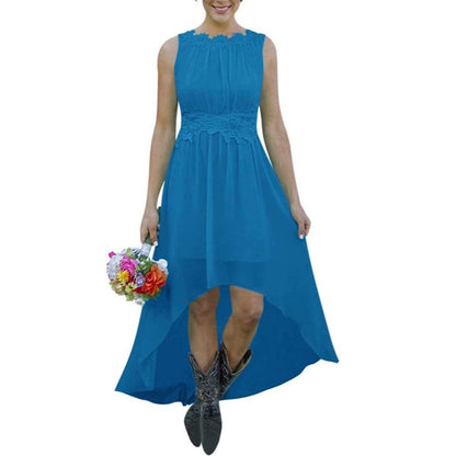 sd-hk high low lace chiffon bridesmaid dress in blue with sleeveless design and floral waist detail