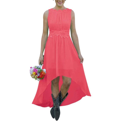 sd-hk high low lace chiffon bridesmaid dress in coral with sleeveless design and floral waist detailing