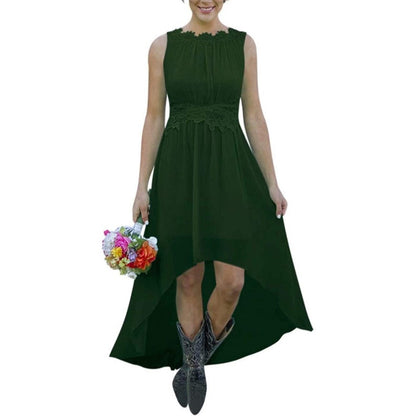 Dark Green High low lace chiffon bridesmaid dress in black with sleeveless design and floral waist detailing