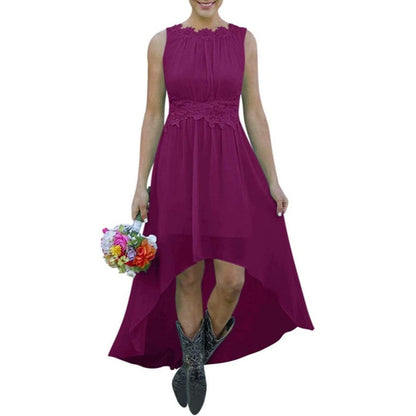 Purple lace chiffon bridesmaid dress in black with sleeveless design and floral waist detailing