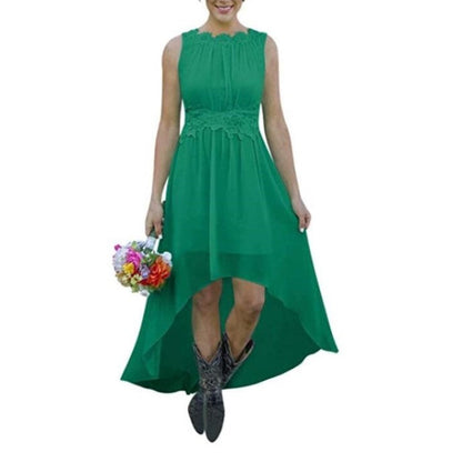 Green high low lace chiffon bridesmaid dress with sleeveless design and floral waist detail