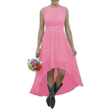 Hot Pink lace chiffon bridesmaid dress in black with sleeveless design and floral waist detailing