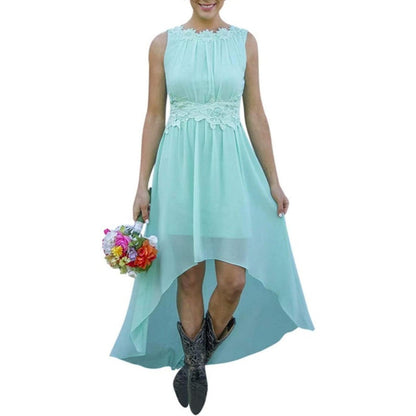Mint green high low lace chiffon bridesmaid dress with sleeveless design and floral bouquet