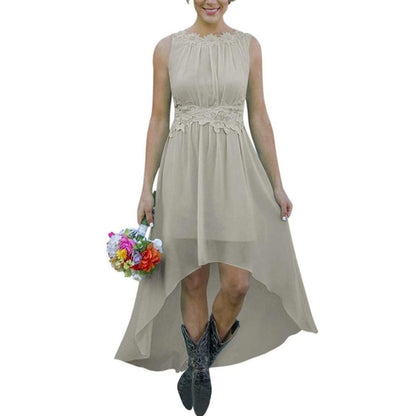 sd-hk high low lace chiffon bridesmaid dress in beige with sleeveless design and floral lace detail