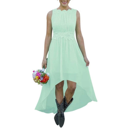 Mint green high low lace chiffon bridesmaid dress with sleeveless design and floral lace details