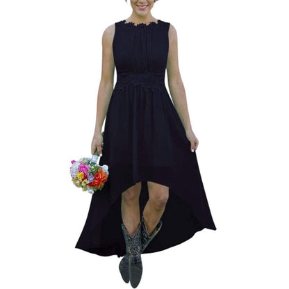 Black High low lace chiffon bridesmaid dress in black with sleeveless design and floral waist detailing