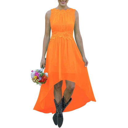 Orange high low lace chiffon bridesmaid dress with sleeveless design and floral lace waist detail