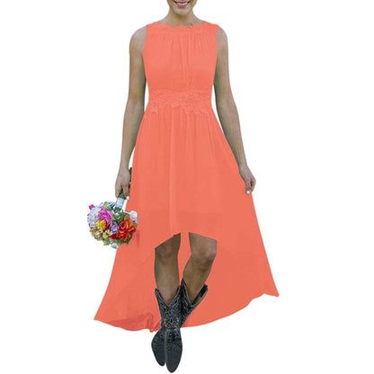 Orange High low lace chiffon bridesmaid dress in black with sleeveless design and floral waist detailing