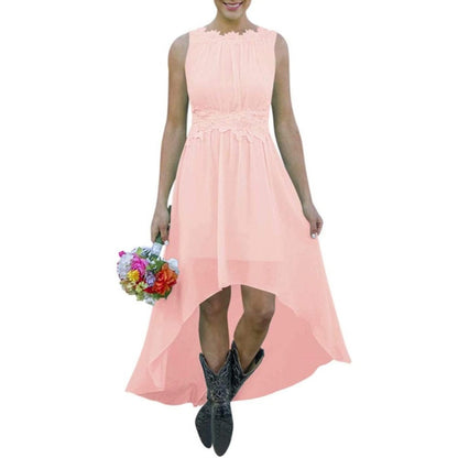 Pink High low lace chiffon bridesmaid dress in black with sleeveless design and floral waist detailing