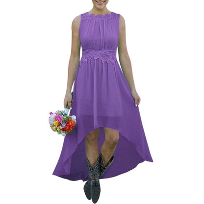 Purple high low lace chiffon bridesmaid dress with sleeveless design and floral lace waist detail