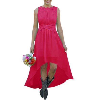 sd-hk high low lace chiffon bridesmaid dress in bright pink with sleeveless design and floral lace waist detail