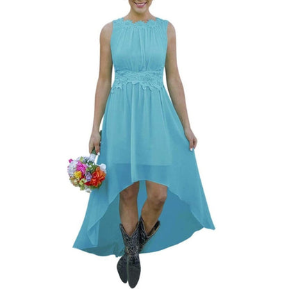 sd-hk high low lace chiffon bridesmaid dress in light blue with sleeveless design and floral lace waist detail