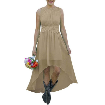 sd-hk high low lace chiffon bridesmaid dress in beige with sleeveless design and floral waist detail