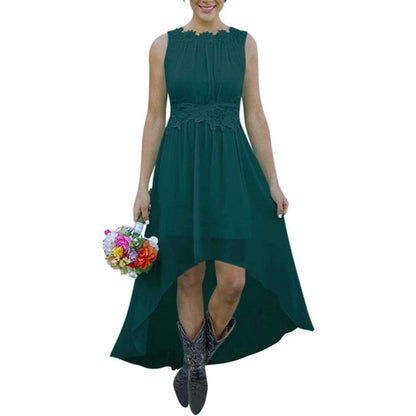 Teal High low lace chiffon bridesmaid dress in black with sleeveless design and floral waist detailing