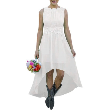 White high low lace chiffon bridesmaid dress with sleeveless design and floral waist detail