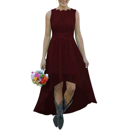 Wine red High low lace chiffon bridesmaid dress in black with sleeveless design and floral waist detailing