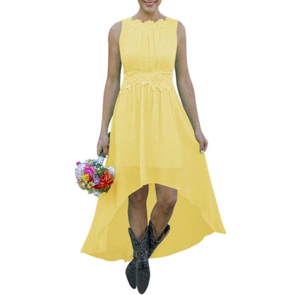 Yellow high low lace chiffon bridesmaid dress with sleeveless design and floral lace waist detail