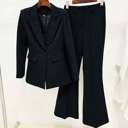 High waisted wedding pantsuit in black featuring a fitted blazer and flared trousers