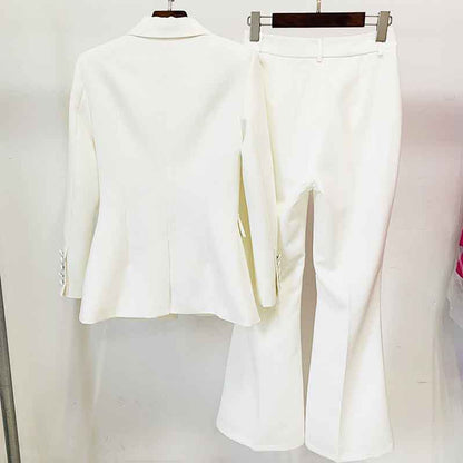 Elegant white high waisted wedding pantsuit featuring a fitted blazer and flared trousers