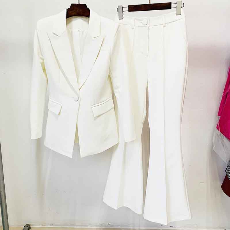 High waisted wedding pantsuit in white featuring a fitted blazer and flared pants