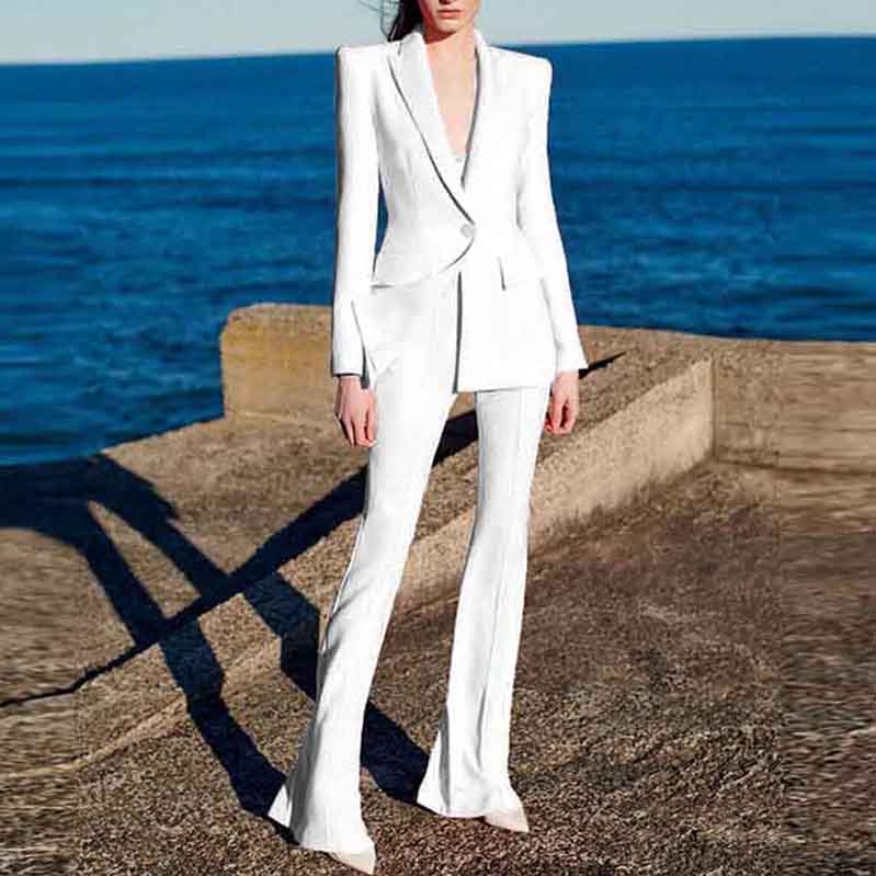 Stylish high waisted wedding pantsuit by Tucomosi in elegant white for modern brides