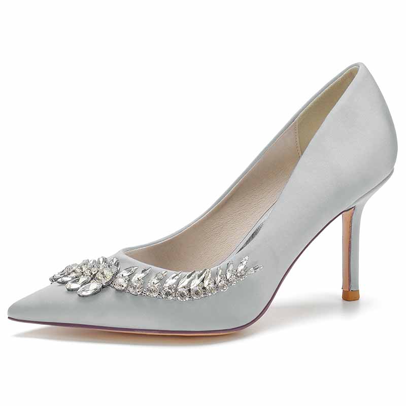 Rhinestone Heeled Pumps Satin Pointy Toe Stilettos Wedding Shoes Women