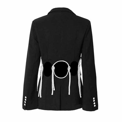 Women White and Black Fitted Heavy Industry Hollow Out Blazer One Button Jacket