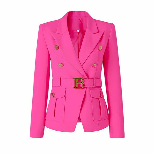 Women's Luxury Fitted Hot Pink Blazer Golden Lion Buttons Coat Belted Jacket