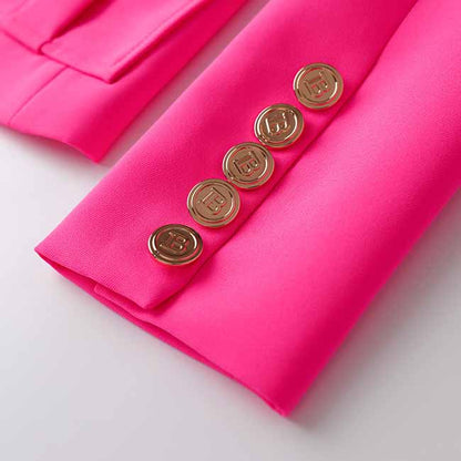 Women's Luxury Fitted Hot Pink Blazer Golden Lion Buttons Coat Belted Jacket