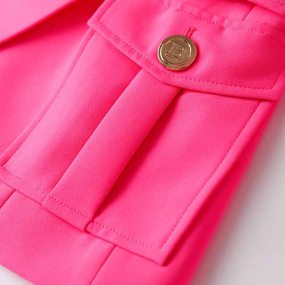 Women's Luxury Fitted Hot Pink Blazer Golden Lion Buttons Coat Belted Jacket