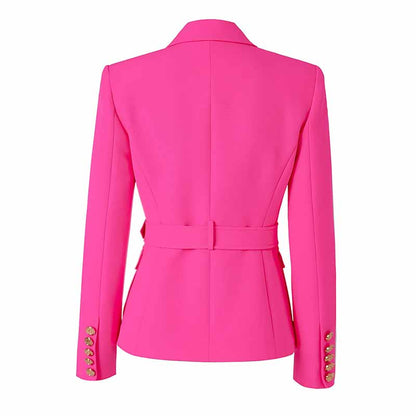 Women's Luxury Fitted Hot Pink Blazer Golden Lion Buttons Coat Belted Jacket