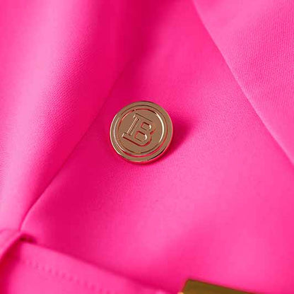 Women's Luxury Fitted Hot Pink Blazer Golden Lion Buttons Coat Belted Jacket