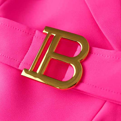 Women's Luxury Fitted Hot Pink Blazer Golden Lion Buttons Coat Belted Jacket