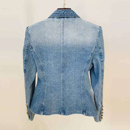Women's Golden Lion Buttons Fitted Denim Blazer Jacket Blue