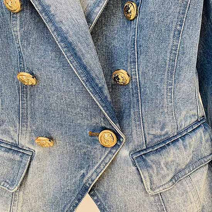 Women's Golden Lion Buttons Fitted Denim Blazer Jacket Blue