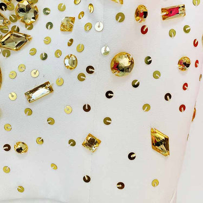 Classy Charm Gold Sequin Sleeveless Jumpsuit Spaghetti Strap One Piece White Romper