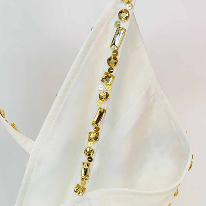 Classy Charm Gold Sequin Sleeveless Jumpsuit Spaghetti Strap One Piece White Romper