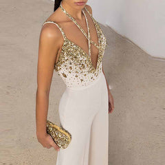 Classy Charm Gold Sequin Sleeveless Jumpsuit Spaghetti Strap One Piece White Romper