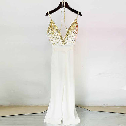 Classy Charm Gold Sequin Sleeveless Jumpsuit Spaghetti Strap One Piece White Romper