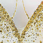 Classy Charm Gold Sequin Sleeveless Jumpsuit Spaghetti Strap One Piece White Romper