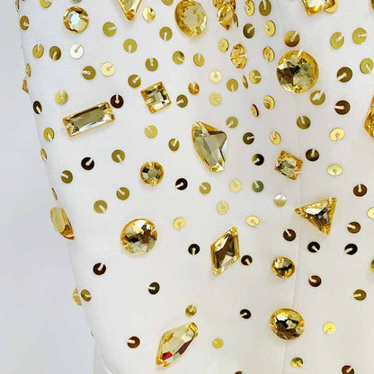 Classy Charm Gold Sequin Sleeveless Jumpsuit Spaghetti Strap One Piece White Romper