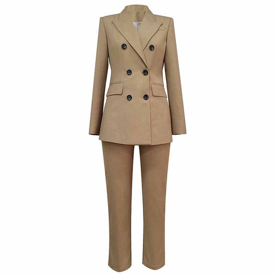 Women’s Two Pieces Blazer Office Lady Suit Set Work Blazer Jacket and Pant Khaki