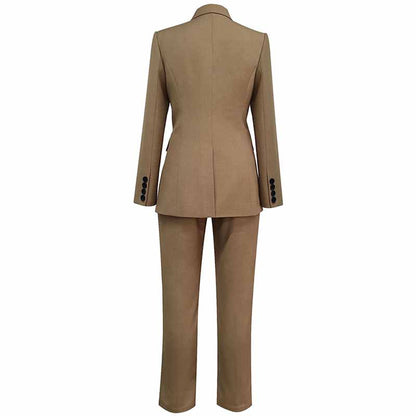 Women’s Two Pieces Blazer Office Lady Suit Set Work Blazer Jacket and Pant Khaki