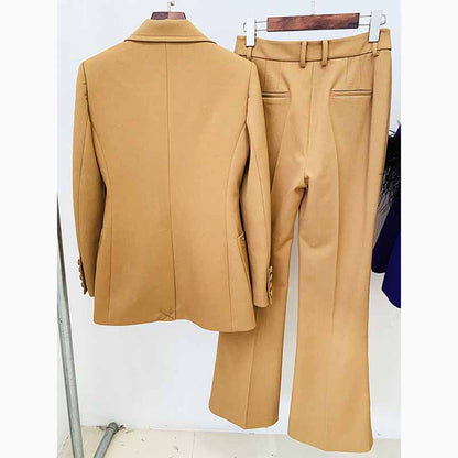 Women Khaki Pantsuits Fitted Blazer + Mid-High Waist Flared Trousers Suit