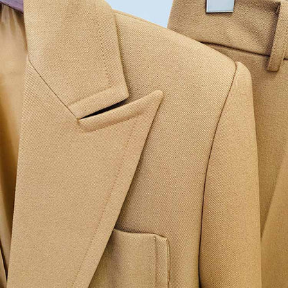 Women Khaki Pantsuits Fitted Blazer + Mid-High Waist Flared Trousers Suit